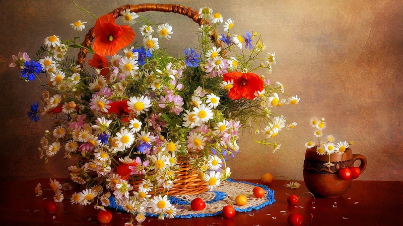 basket, wildflowers, painting, art, flower basket, floral composition, 1080P