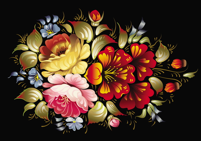 flowers, nature, floral Pattern, elegance, plant, black Color, design, yellow, red, Khokhloma, 2K, figure, design Element, high angle view, single Flower