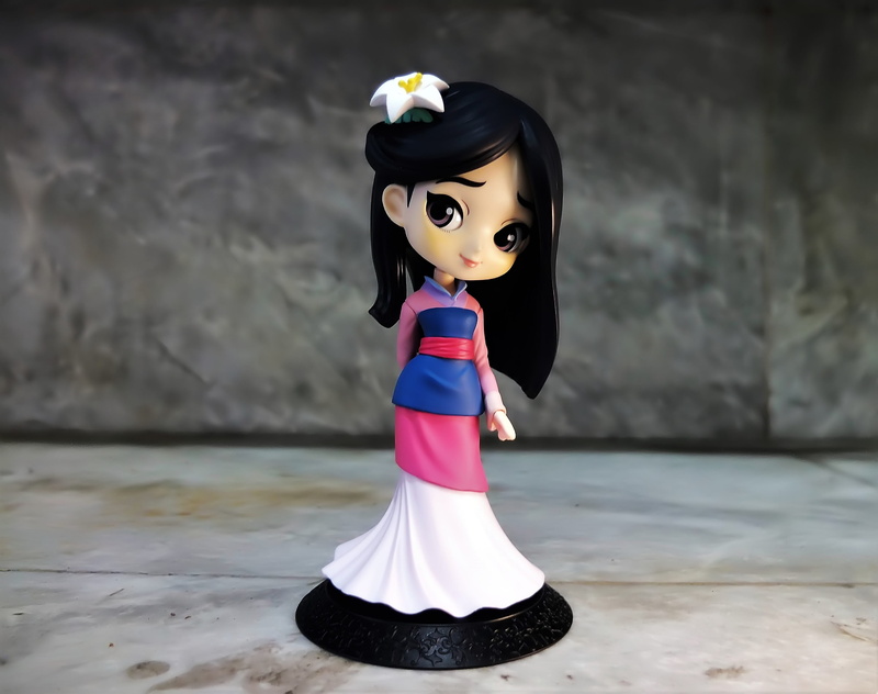 indoors, standing, looking at camera, childhood, qposket, lady, one person, collectible, female, disney, art and craft, portrait, plastic, mulan, focus on foreground