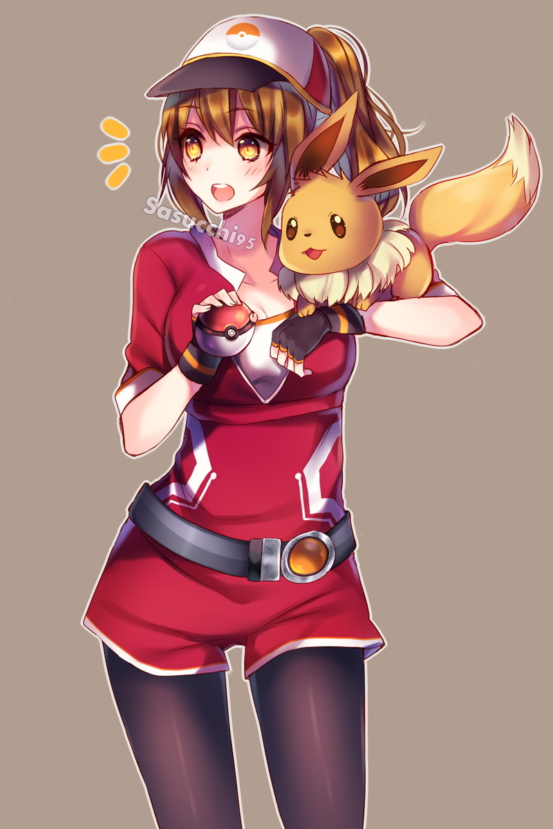baseball caps, Pokémon, open shirt, 720P, brunette, long hair, stockings, Pokemon Go, Pokémon trainers, anime, orange eyes, anime girls