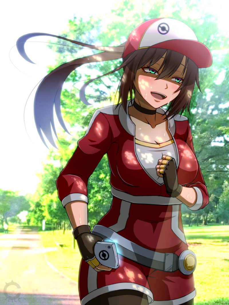 anime, green eyes, anime girls, brunette, 1080P, Pokemon Go, Pokémon, dappled sunlight, Pokémon trainers, park, long hair, smartphone, baseball caps