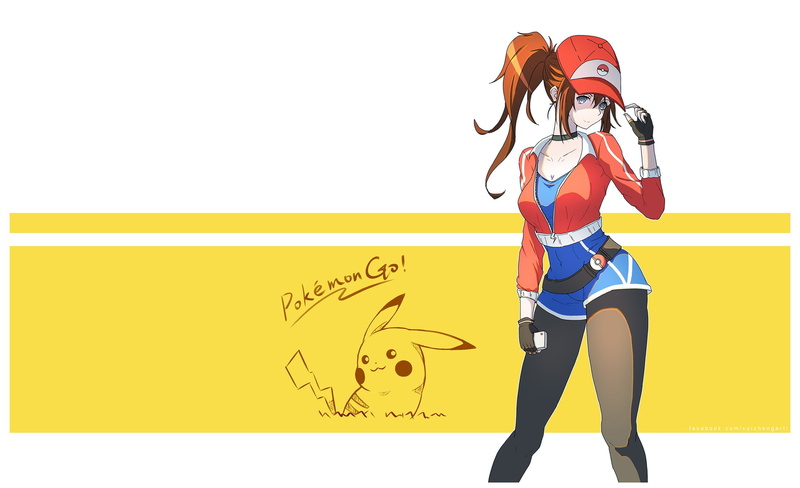 smartphone, brunette, Pokémon trainers, blue eyes, Pokémon, 1080P, Pikachu, Pokemon Go, baseball caps, anime girls, long hair, anime