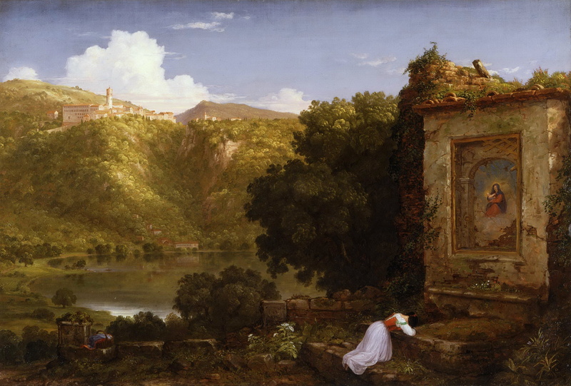 prayer, lake, landscape, 2K, mountains, Thomas Cole, the sky, picture
