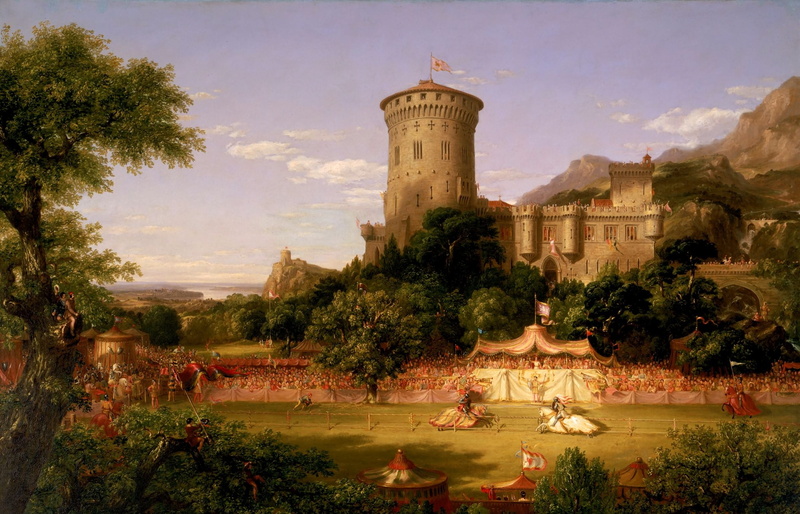 architecture, crowds, painting, knight, building, castle, mountains, Thomas Cole, artwork, flag, horse, tower, nature, tent, 1080P, trees