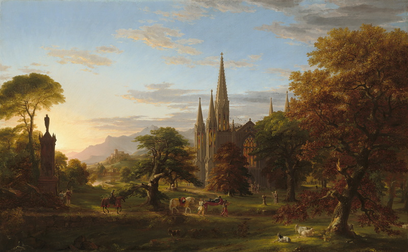 horse, clouds, knight, Trees, landscape, tower, painting, artwork, nature, Cathedral, Thomas Cole, 4K, forest