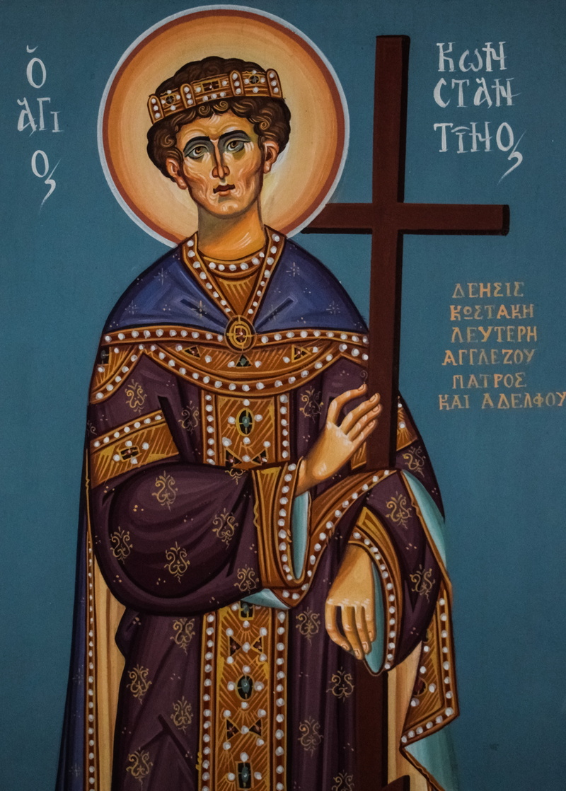 creativity, wall, indoors, male likeness, representation, communication, 4K, orthodox, st constantine, blue, text, blackboard, iconography, architecture