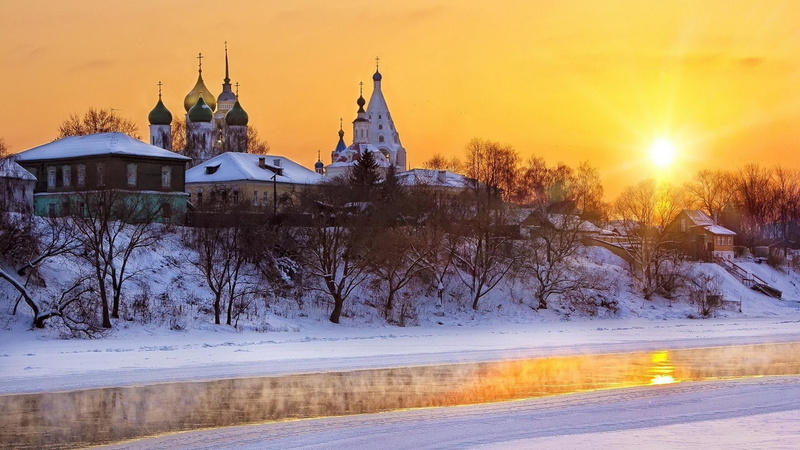 churches, river, russian, 1080P, town churches, winter, nature and landscapes