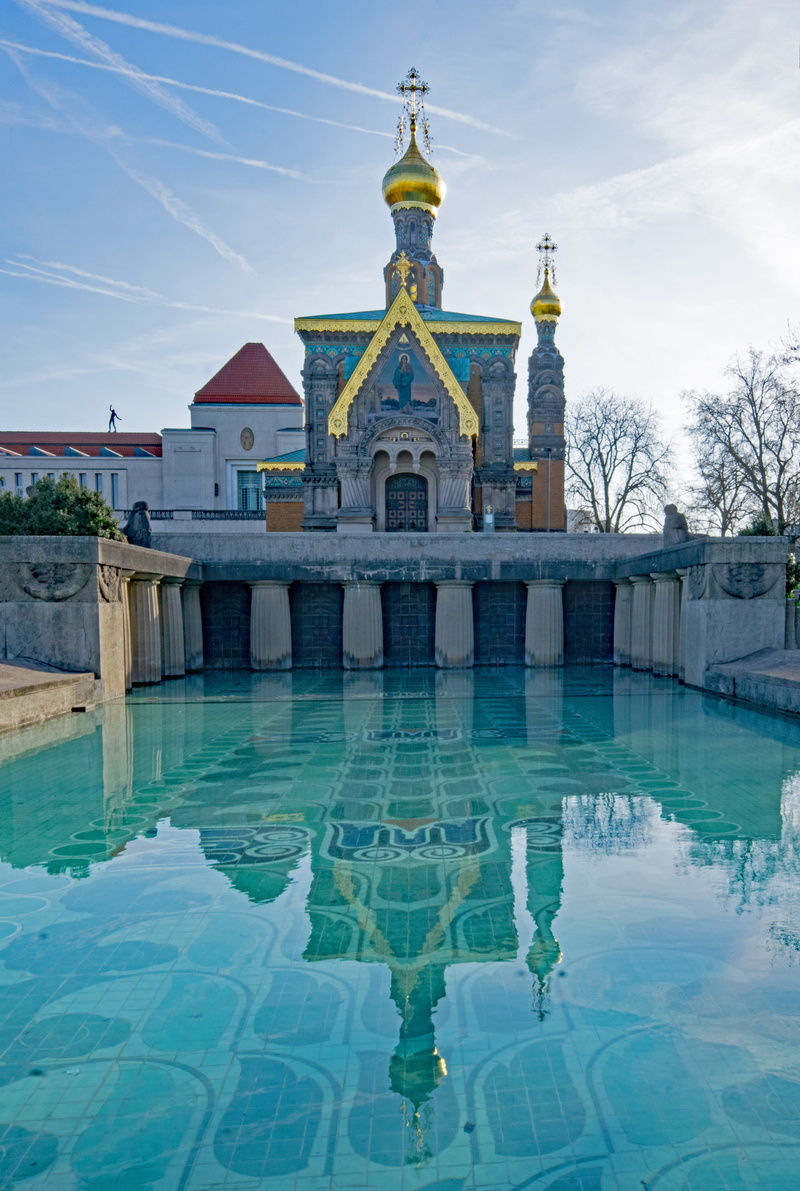 russian, reflection, hesse, built structure, day, water basin, pool, art, waterfront, water, art nouveau, building, belief, turquoise colored, landmark