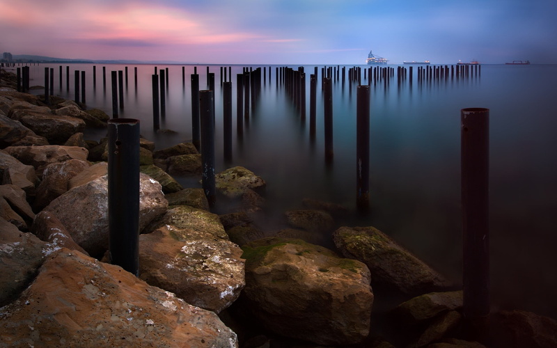 no people, sunset, tranquility, pier, rock, sky, lake, landscape, outdoors, water, 1080P, wooden post, non-urban scene, scenics - nature, tranquil scene