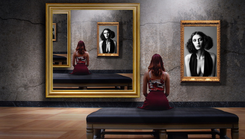 painting, woman, belief, creativity, indoors, representation, female likeness, picture frame, art, statue, religion, frame, texture, sitting, sculpture