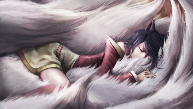 motion, adult, sleeping, one person, beautiful woman, hair, Ahri, 1080P, indoors, eyes closed, League of Legends, brown hair, hairstyle, emotion, women