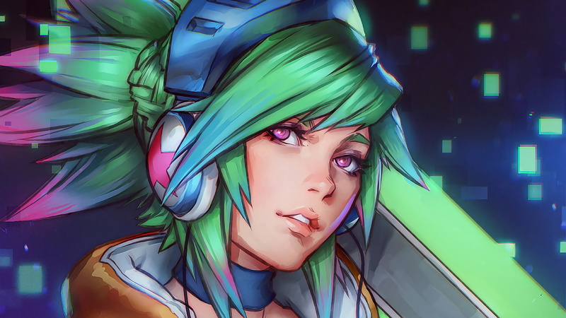 Video Game, 1080P, Braid, Headphones, Pink Hair, Riven (League Of Legends), Collar, Green Hair, Pink Eyes, League Of Legends, Two-Toned Hair