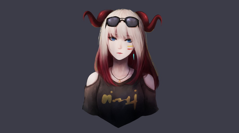 Blue Eyes, Original (Anime), Two-Toned Hair, Glasses, Girl, Horns, Anime, 1080P, Original