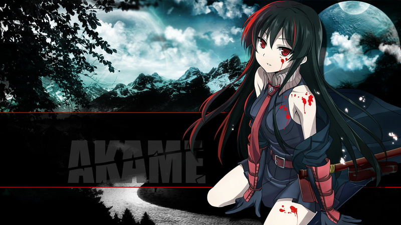 Black Hair, Belt, Blood, Girl, Red Hair, Glove, Mountain, Moon, Akame (Akame Ga Kill!), Tie, 1080P, Akame ga Kill!, Dress, Black Dress, Two-Toned Hair