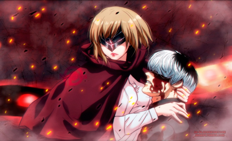 Two-Toned Hair, Girl, Tokyo Ghoul:re, Tokyo Ghoul, Brown Hair, 1080P, Anime, Hug, White Hair, Ken Kaneki, Black Hair, Boy, Blood, Haise Sasaki, Mask, Hinami
