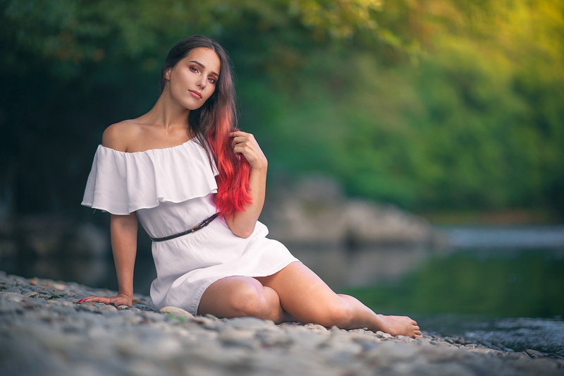 Hazel Eyes, Girl, White Dress, Woman, 1080P, Two-Toned Hair, Models, Depth Of Field, Model