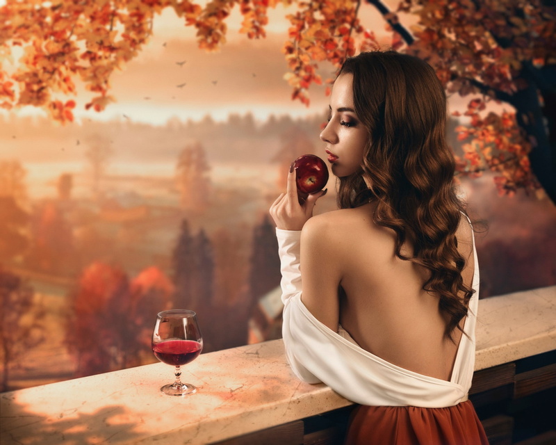 1080P, apple, red wine, bare shoulders, women, wine, curly, long hair, red, long, bare, shoulders, back, curly hair, hair