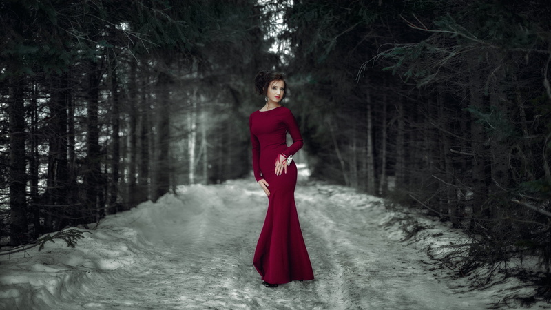 standing, tree, winter, beautiful woman, women outdoors, adult, one person, evening gown, hairstyle, looking at camera, red dress, red, 1080P, forest