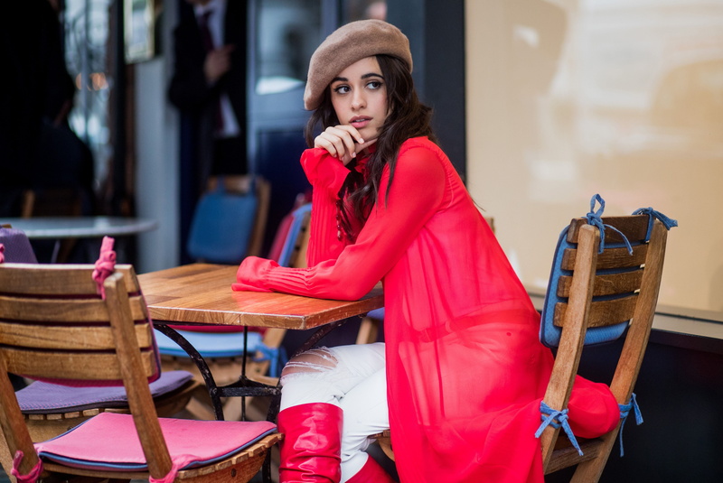 looking away, camila cabello, celebrities, side view, sitting, focus on foreground, hd, adult, women, casual clothing, hairstyle, fashion, 4k, table, portrait