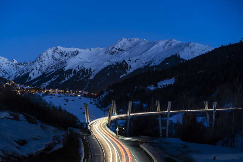 nature, night, clear sky, no people, winter, long exposure, abies, glacier, snow, way, bridge, highway, icy, blue, scenics - nature, asphalt, cold temperature