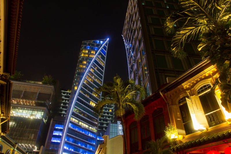 no people, night, tree, city, cityscape, tropical climate, tall - high, low angle view, building exterior, financial district, architecture, glowing, illuminated