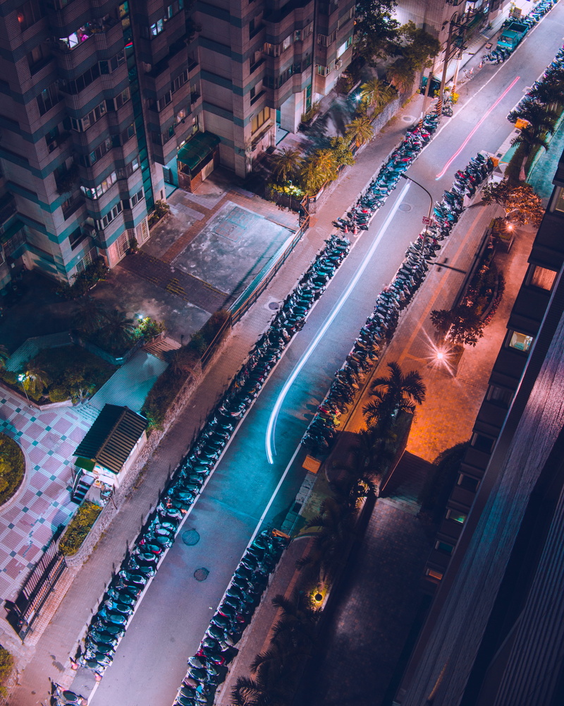 street, high angle view, outdoors, scooter, built structure, swimming pool, urban, parking, water, taipei, photography, city street, buildings, illuminated