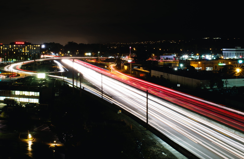 buildings, nature, city life, street, cars, blurred motion, onramp, vehicle light, united states, dark, high angle view, light trail, traffic, lights, view