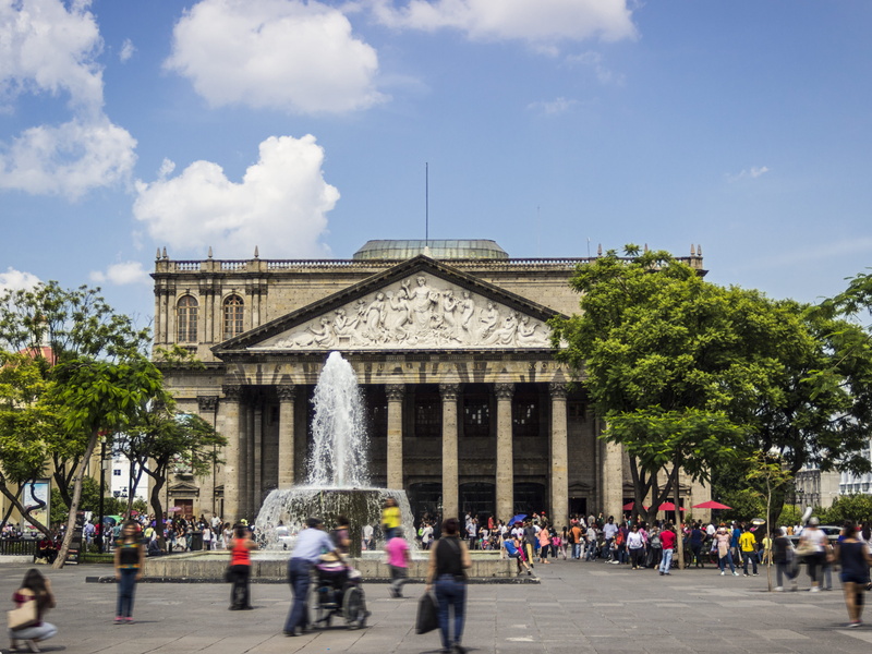 lifestyles, downtown, men, adult, history, mexico, teather, ancient civilization, large group of people, teatro degollado, sky, museum, architectural column