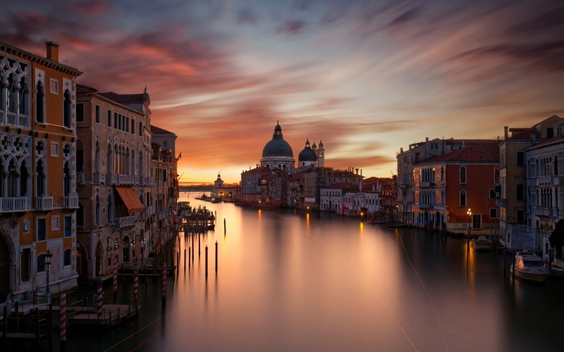 sunset, canal, venice, grand, landscape, 1080P