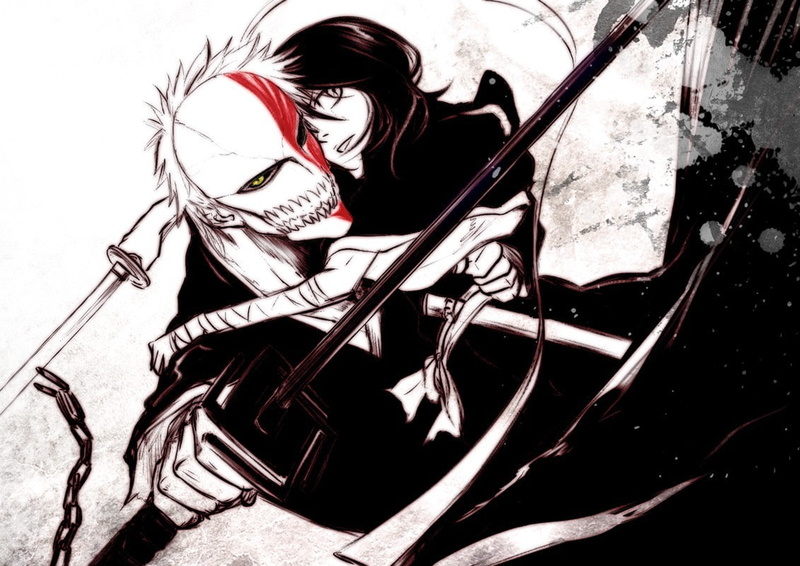 Hollow, Kurosaki Ichigo, 480P, paint splatter, sketches, mask, sword, Kuchiki Rukia, Bleach, anime