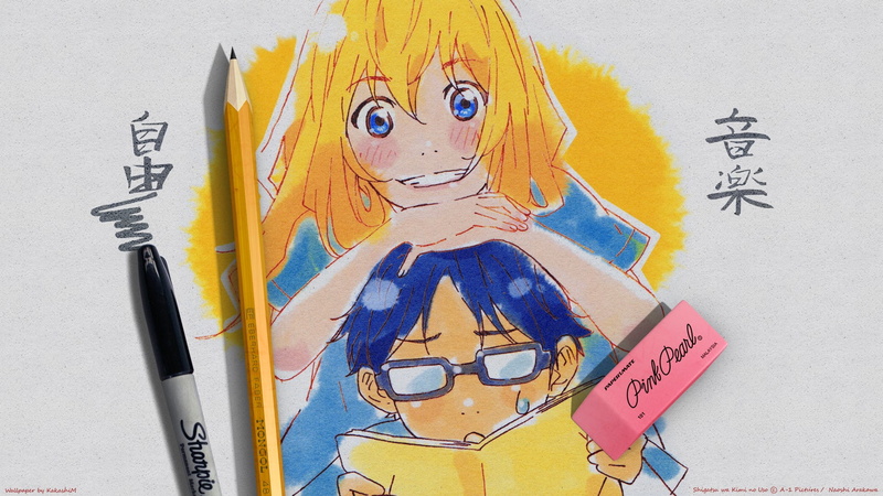 human representation, Shigatsu wa Kimi no Uso, drawing - art product, Arima Kousei, wall - building feature, close-up, yellow, bird, 1080P, Miyazono Kaori