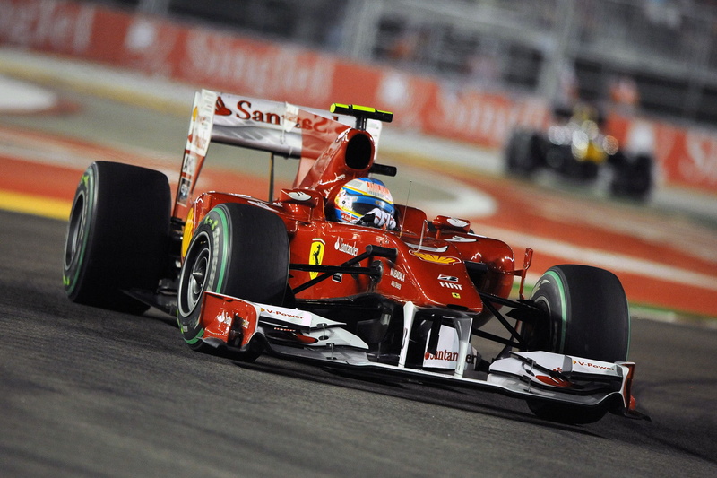 The evening, Marina Bay, Formula-1, Ferrari F10, day, Lights, motorsport, Fernando Alonso, red, Turn, car, Marina Bay Street Circuit, motor vehicle, 2010