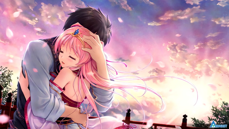 Hug, sculpture, Pink Hair, Blush, Anime, lifestyles, outdoors, Sunset, Tokita Soujin, sky, Tiara, arts culture and entertainment, leisure activity, Sen no Hatou Tsukisome no Kouki