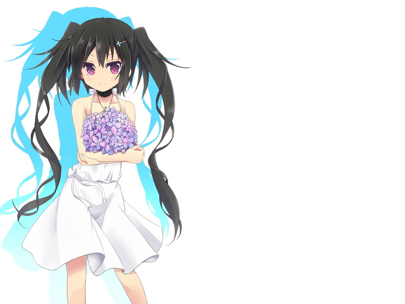 white, amano, dress, hair, eyes, flowers, 720P, long, purple, twintails, black, kouki, original