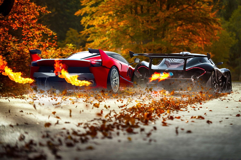 Ferrari FXXK, 1080P, McLaren P1, fire, car, race cars