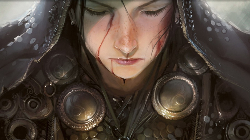 face, warrior, 1080P, fantasy art, fantasy girl, closed eyes, Magic: The Gathering, blood