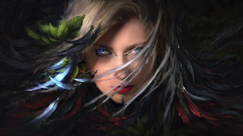 painting art, blue eyes, digital art, Girl, red lipstick, leaves, art, 1080P, artwork, fantasy, mouth, face, fantasy art, piercing, lips, lipstick, hair in face