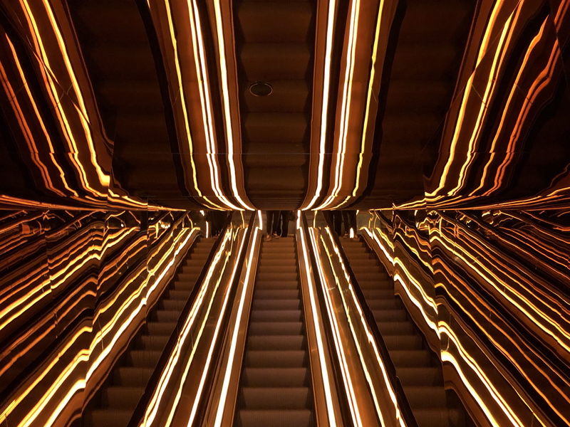 transportation, metal, glow, eskelators, red, diminishing perspective, lighted, light, building, connection, trippy, futuristic, built structure, the way forward