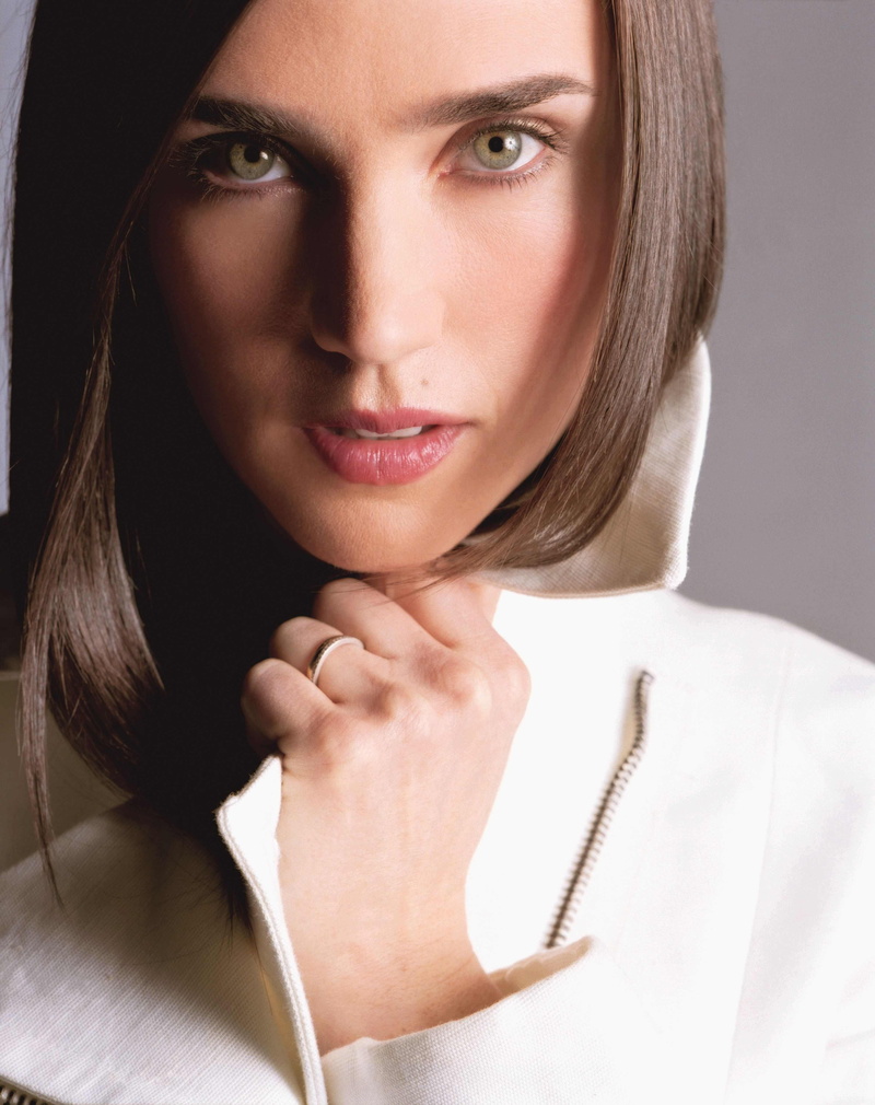 green eyes, white coat, 4K, Jennifer Connelly, brunette, face, pink lipstick, actress