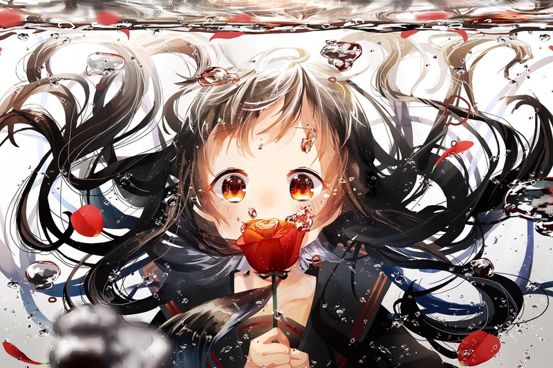 rose, 720P, dark hair, long hair, underwater, flowers, anime girls, anime