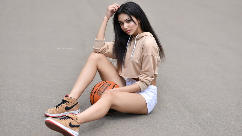shorts, Just Do It., watermarked, long hair, lace, touching hair, Nike, basketball, 1080P, young woman, dark hair, hoods, women outdoors, simple background