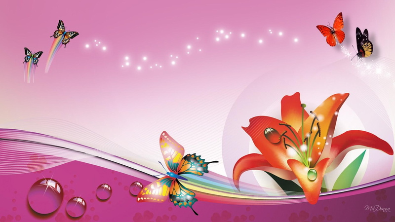 flowers, stars, butterflies, drops, water, 1080P, pink, butterfly, magic, wave, animals, lily
