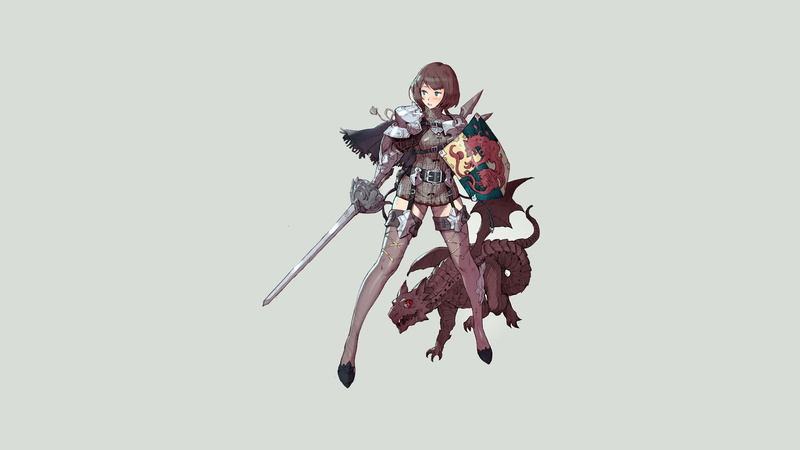 dragon, armor, simple background, rapier, anime girls, shield, sword, anime, the middle ages, 1080P, red eyes, knight, warrior, blue eyes