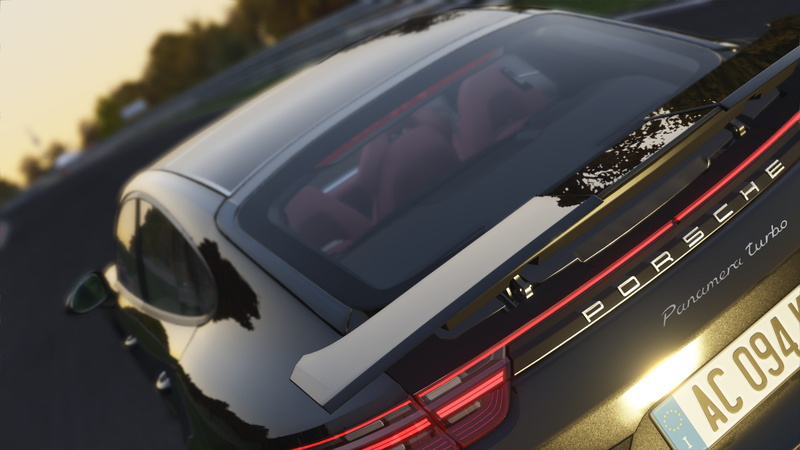 land vehicle, illuminated, Assetto Corsa, day, side-view mirror, close-up, car, transportation, 1080P, technology, Nordschleife, black color, focus on foreground