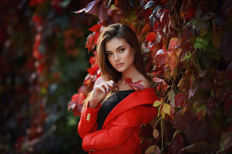 Anastasia Barmina, Dmitry Arhar, red coat, portrait, open coat, women, depth of field, 1080P, Ksenia, painted nails