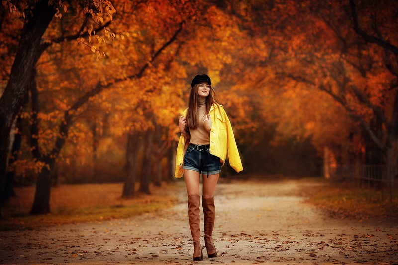 outdoors, casual clothing, beautiful woman, standing, 1080P, young adult, Anastasia Barmina, fashion, young women, nature, hair, tree, yellow jacket, front view