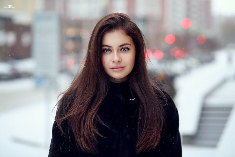 looking at camera, beauty, one person, front view, snowing, smiling, young women, teenager, waist up, beautiful woman, long hair, winter, snow, women, hair