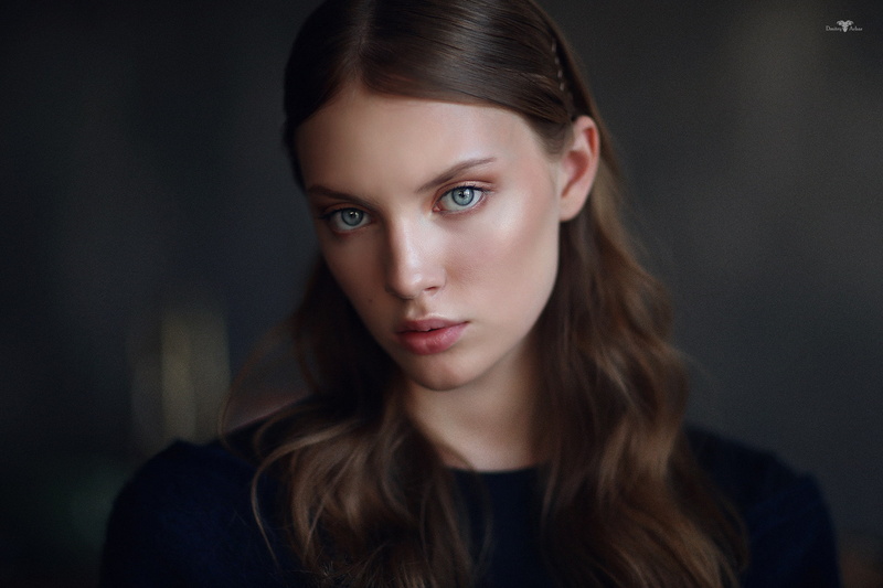 long hair, 1080P, black clothing, women, portrait, bokeh, blue eyes, Dmitry Arhar, face, eyeshadow