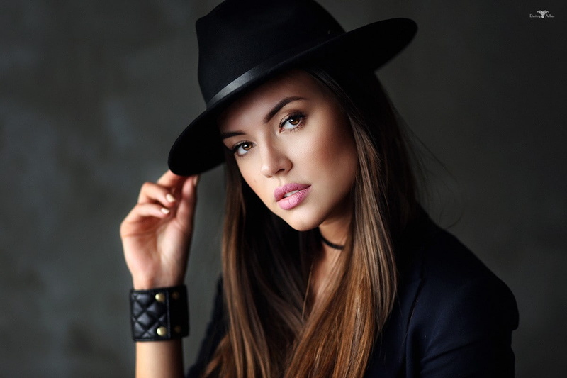 straight hair, glamour, pink lipstick, simple background, black hat, Dmitry Arhar, women, painted nails, looking at viewer, black clothing, brunette, millinery
