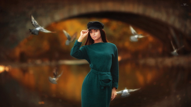 portrait, focus on foreground, beautiful people, dress, waist up, 1080P, arms raised, adult, human arm, weapon, women, hat, birds, young adult, young women